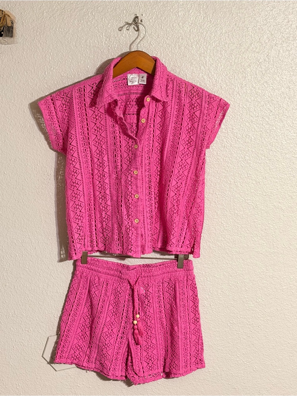 Fuschia Crochet Button-Up Top & Shorts Beach Set 2” inseam.